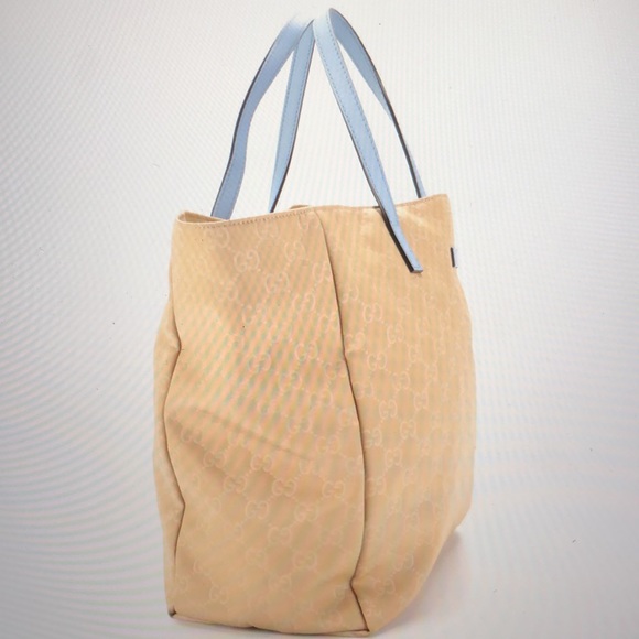 #0212 Gucci GG Beige Canvas & Baby Blue Leather Tote - Picture 3 of 11